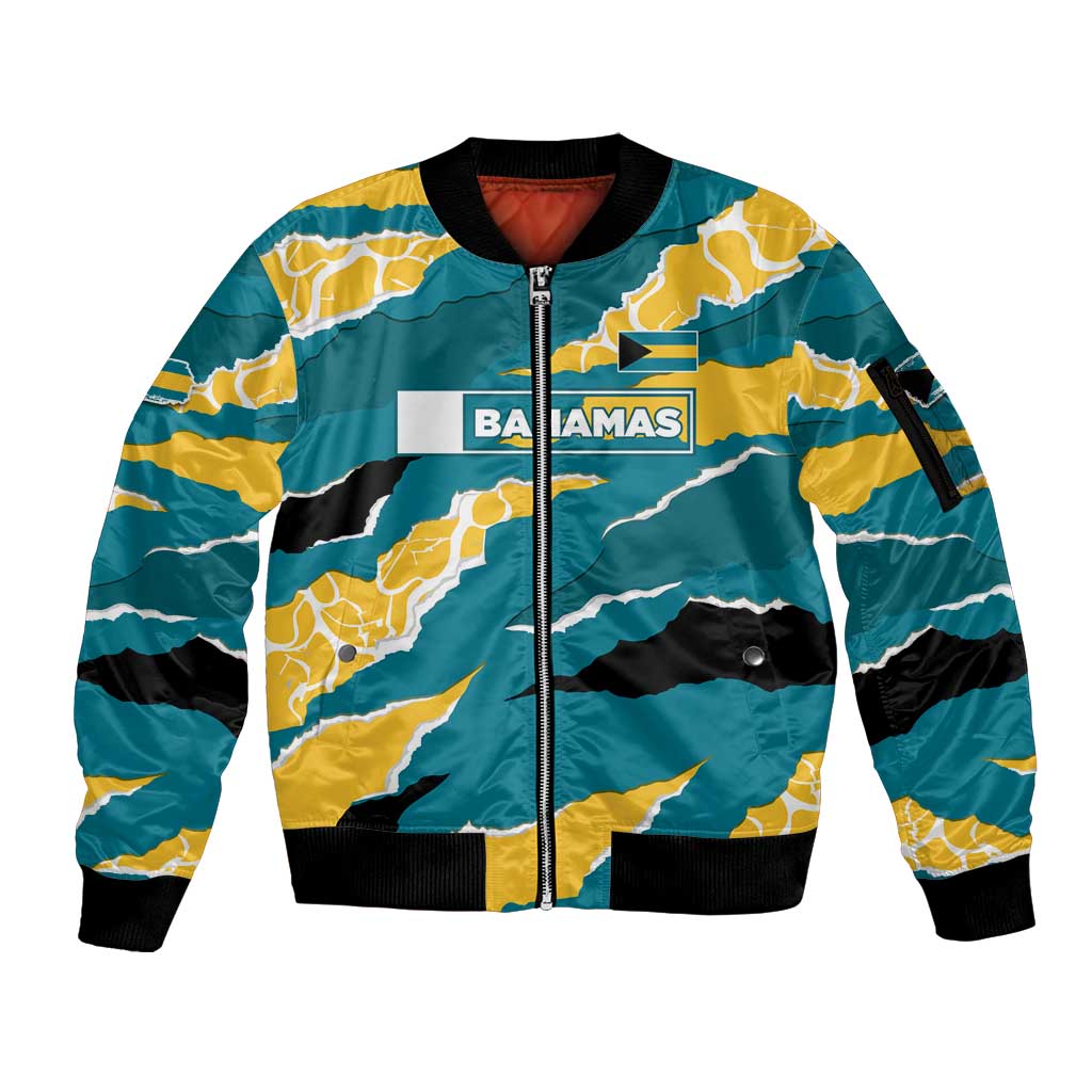 Bahamas Sleeve Zip Bomber Jacket with National Coat of Arms Teal Yellow Ocean Wave Spirit