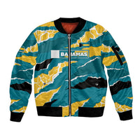 Bahamas Sleeve Zip Bomber Jacket with National Coat of Arms Teal Yellow Ocean Wave Spirit