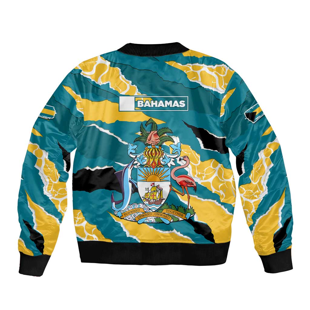 Bahamas Sleeve Zip Bomber Jacket with National Coat of Arms Teal Yellow Ocean Wave Spirit