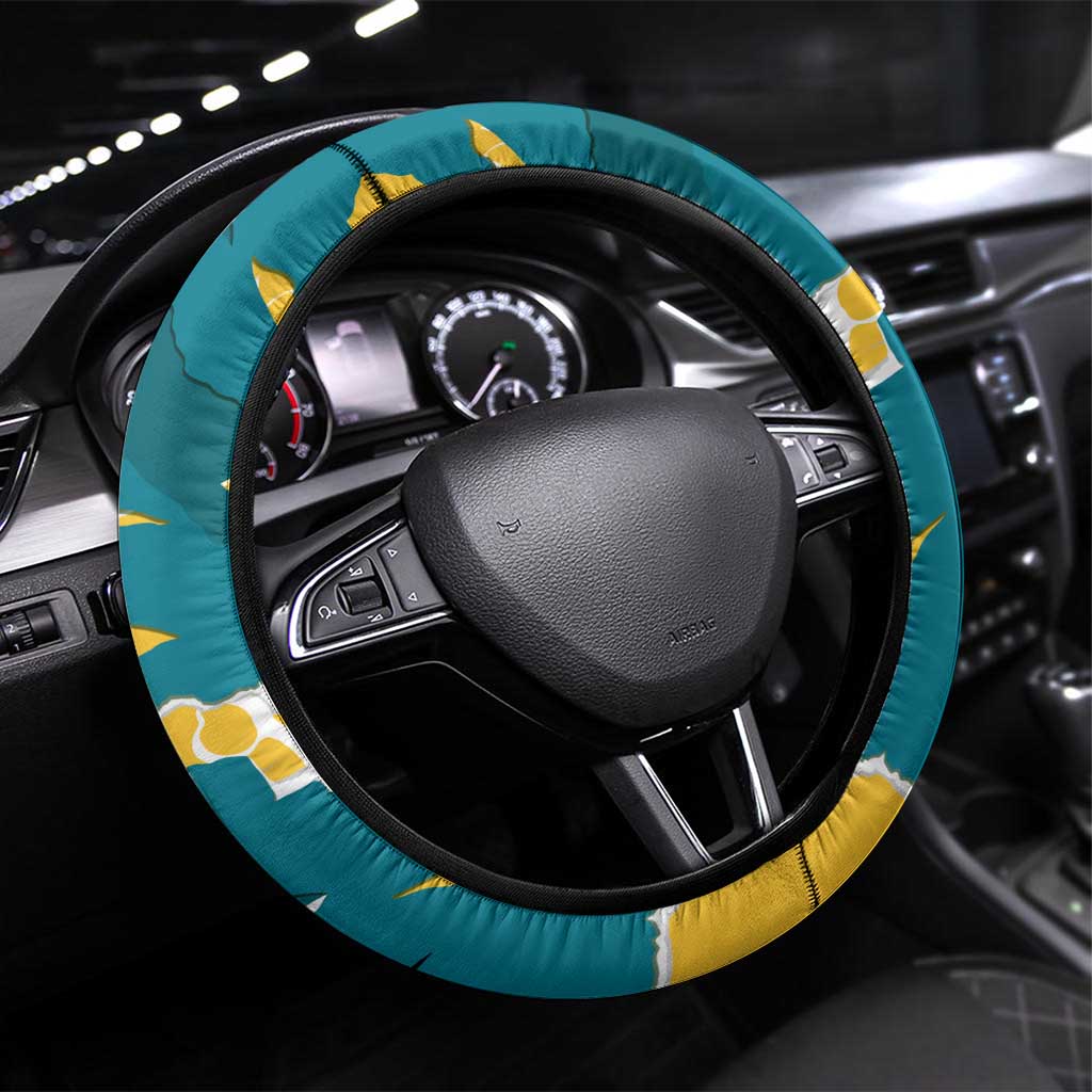 Bahamas Steering Wheel Cover with National Coat of Arms Teal Yellow Ocean Wave Spirit