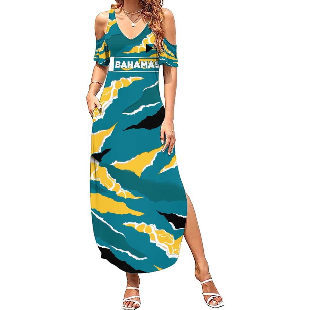 Bahamas Summer Maxi Dress with National Coat of Arms Teal Yellow Ocean Wave Spirit