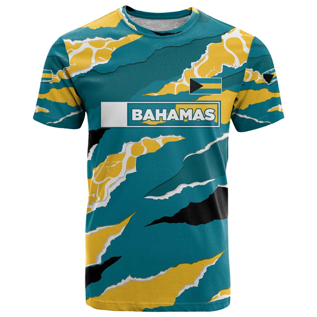 Bahamas T Shirt with National Coat of Arms Teal Yellow Ocean Wave Spirit