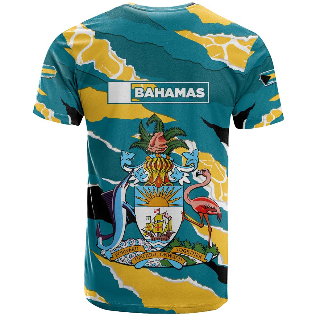 Bahamas T Shirt with National Coat of Arms Teal Yellow Ocean Wave Spirit
