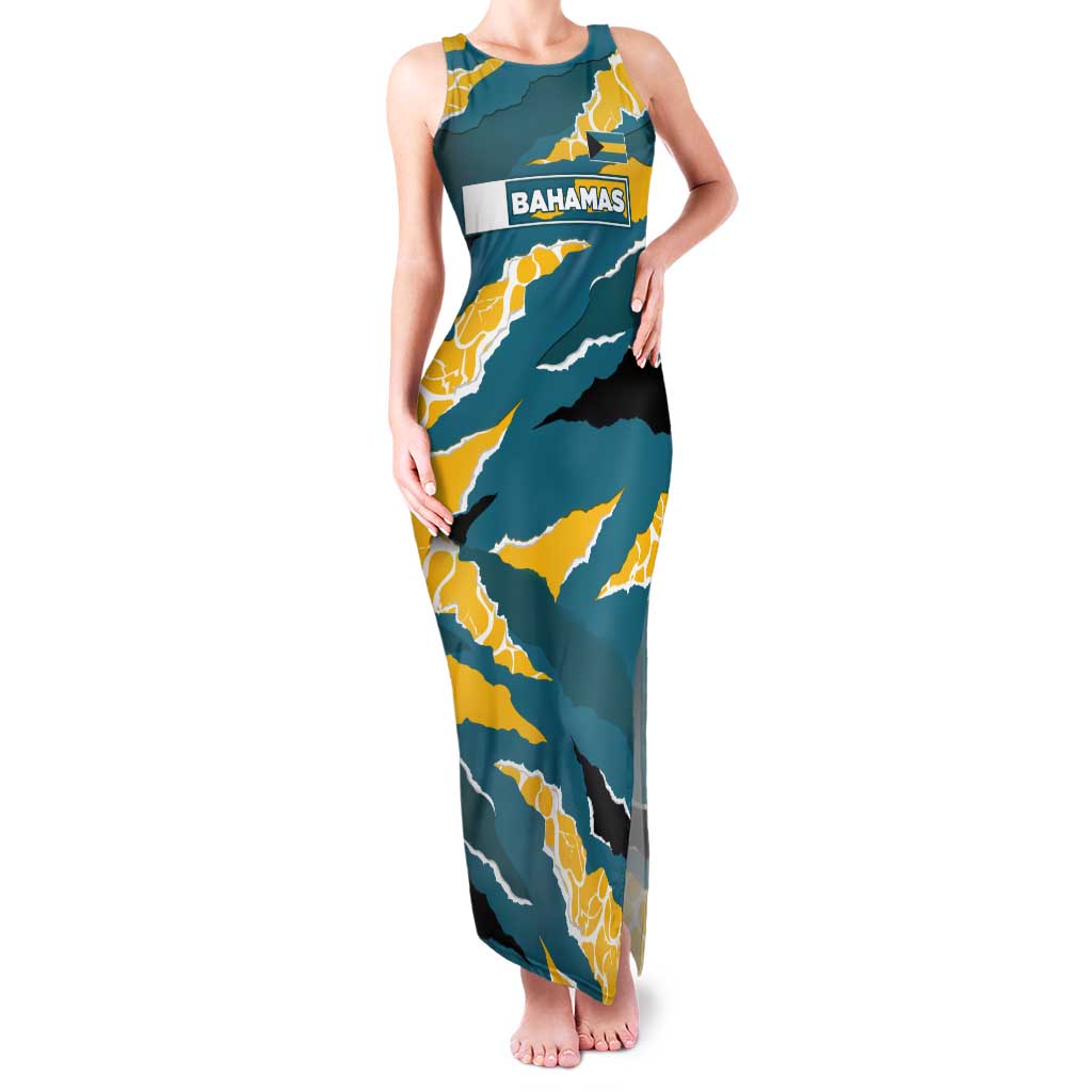 Bahamas Tank Maxi Dress with National Coat of Arms Teal Yellow Ocean Wave Spirit