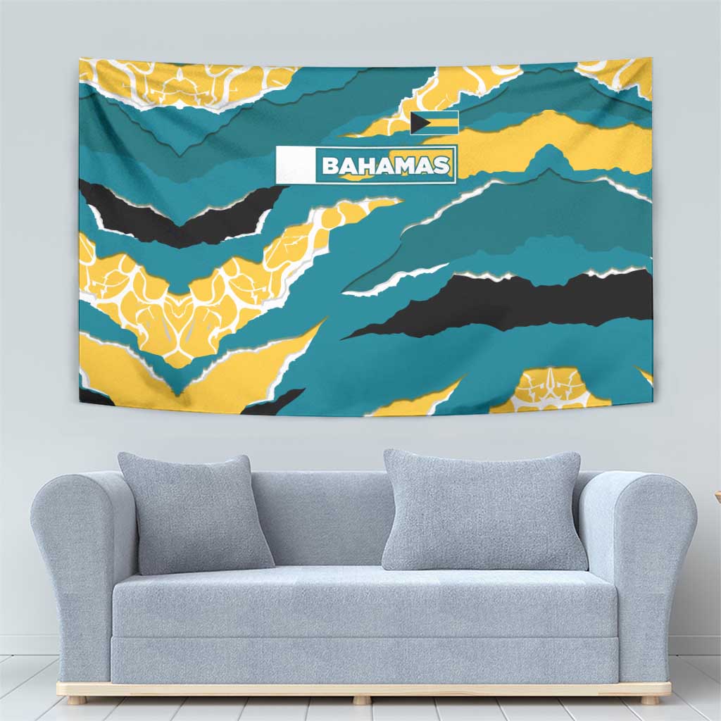 Bahamas Tapestry with National Coat of Arms Teal Yellow Ocean Wave Spirit