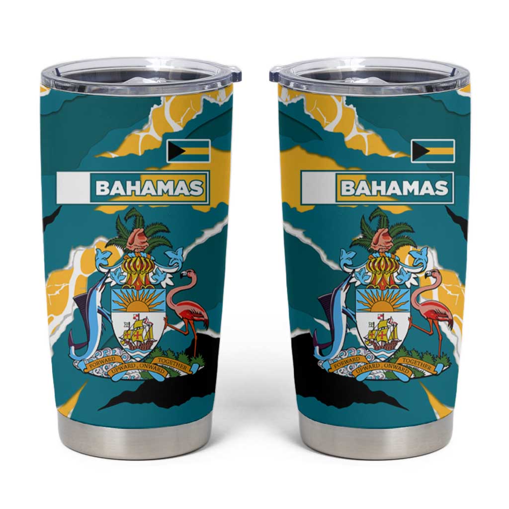 Bahamas Tumbler Cup with National Coat of Arms Teal Yellow Ocean Wave Spirit