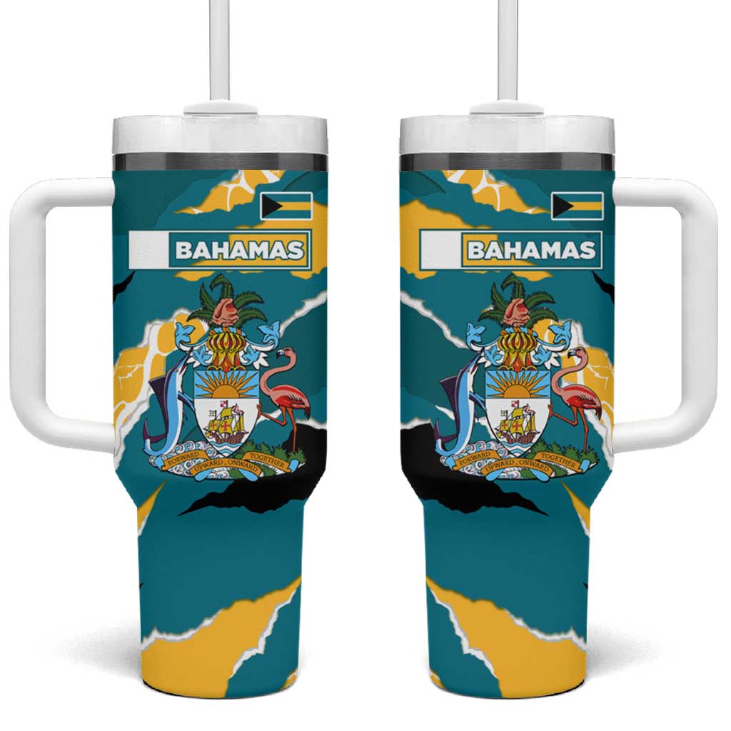 Bahamas Tumbler With Handle with National Coat of Arms Teal Yellow Ocean Wave Spirit