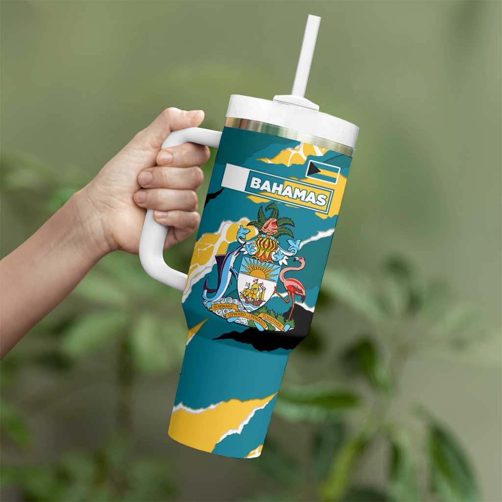 Bahamas Tumbler With Handle with National Coat of Arms Teal Yellow Ocean Wave Spirit