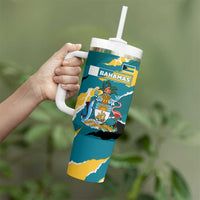 Bahamas Tumbler With Handle with National Coat of Arms Teal Yellow Ocean Wave Spirit