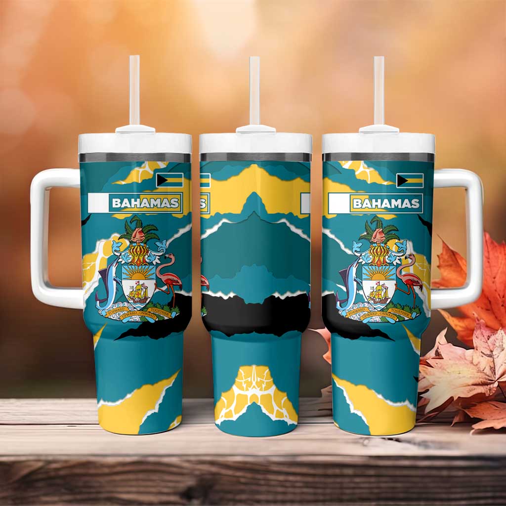 Bahamas Tumbler With Handle with National Coat of Arms Teal Yellow Ocean Wave Spirit