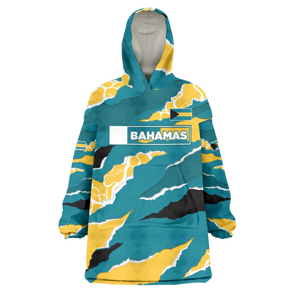 Bahamas Wearable Blanket Hoodie with National Coat of Arms Teal Yellow Ocean Wave Spirit