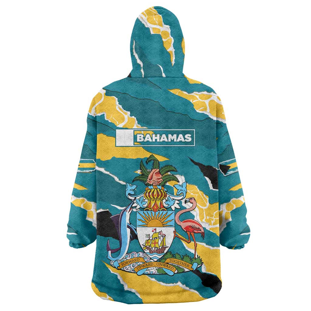 Bahamas Wearable Blanket Hoodie with National Coat of Arms Teal Yellow Ocean Wave Spirit