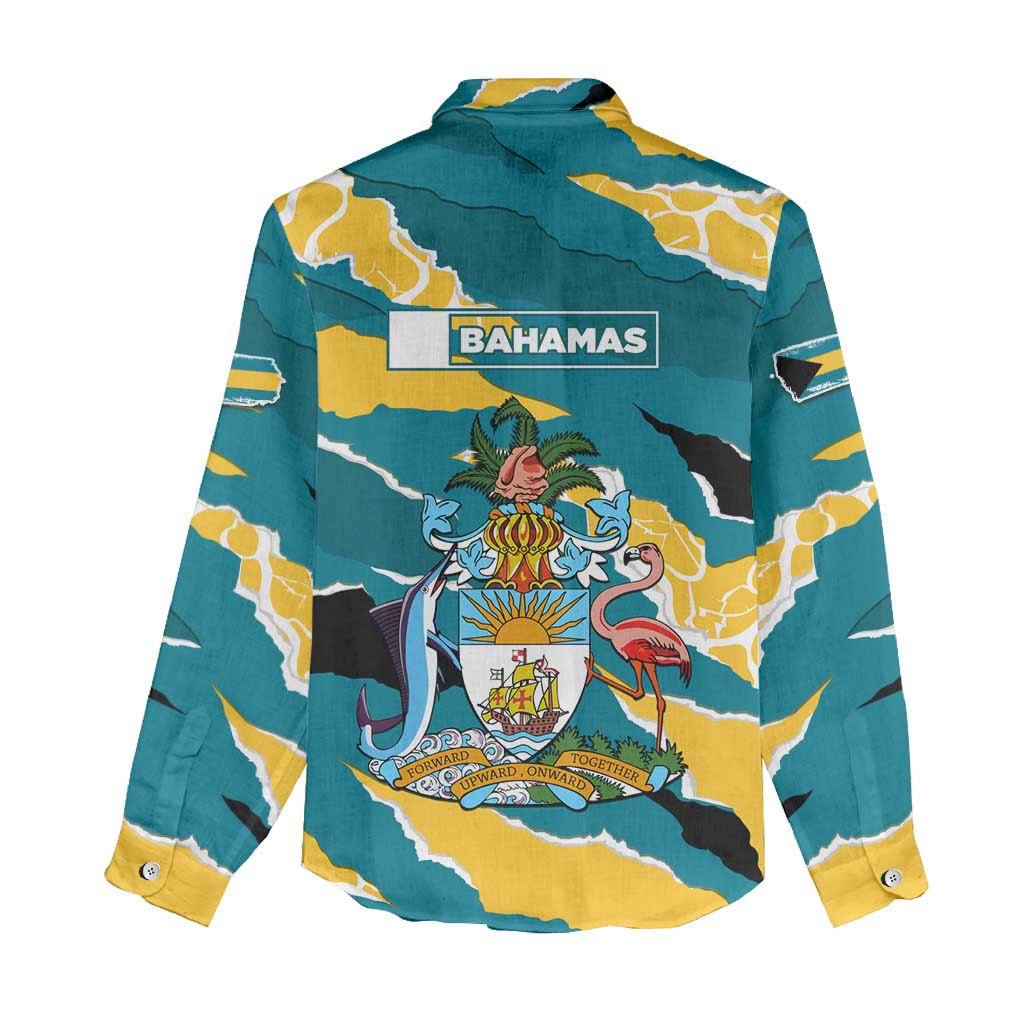 Bahamas Women Casual Shirt with National Coat of Arms Teal Yellow Ocean Wave Spirit