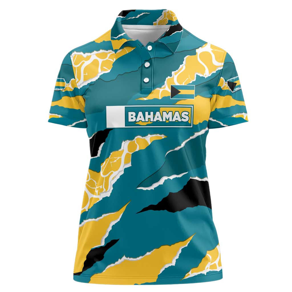 Bahamas Women Polo Shirt with National Coat of Arms Teal Yellow Ocean Wave Spirit