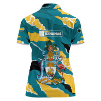 Bahamas Women Polo Shirt with National Coat of Arms Teal Yellow Ocean Wave Spirit