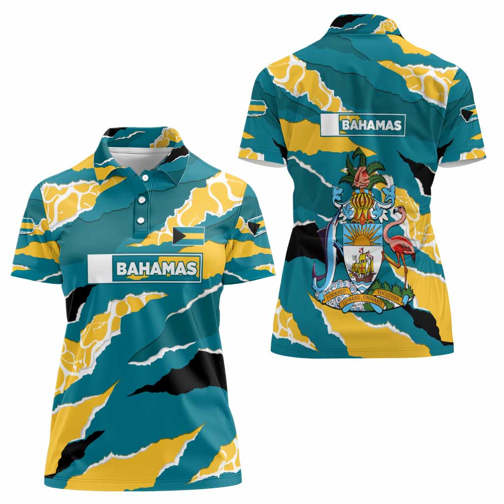 Bahamas Women Polo Shirt with National Coat of Arms Teal Yellow Ocean Wave Spirit