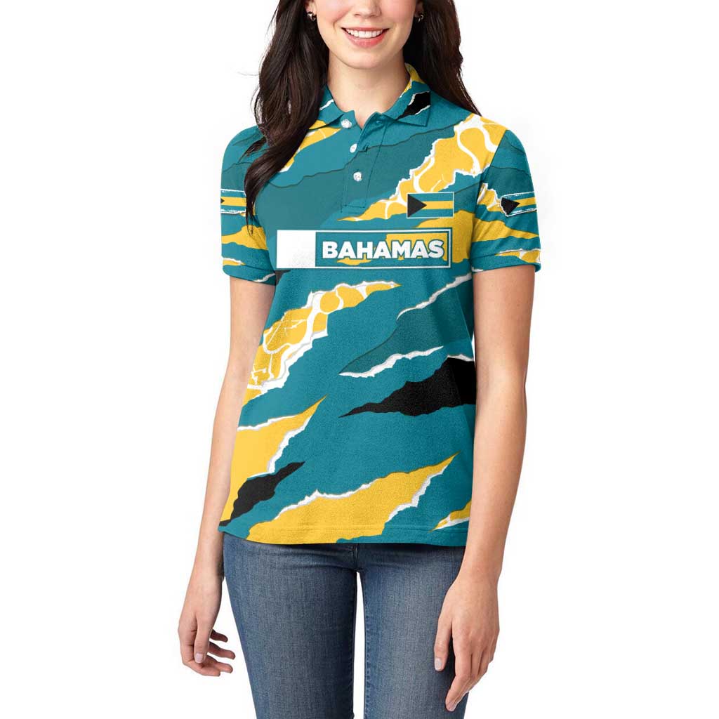 Bahamas Women Polo Shirt with National Coat of Arms Teal Yellow Ocean Wave Spirit