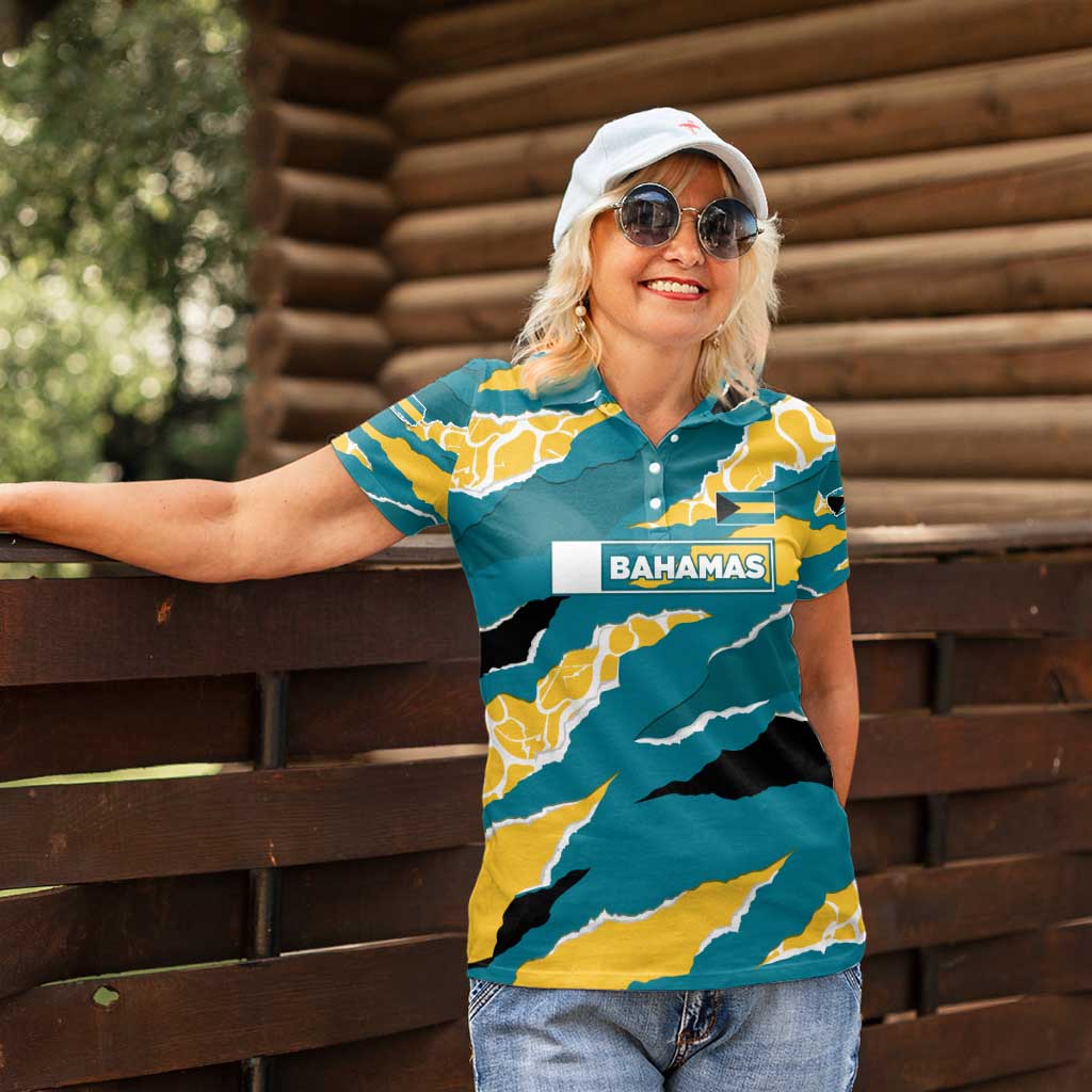 Bahamas Women Polo Shirt with National Coat of Arms Teal Yellow Ocean Wave Spirit