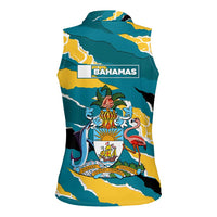 Bahamas Women Sleeveless Polo Shirt with National Coat of Arms Teal Yellow Ocean Wave Spirit