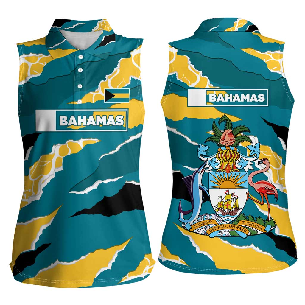 Bahamas Women Sleeveless Polo Shirt with National Coat of Arms Teal Yellow Ocean Wave Spirit
