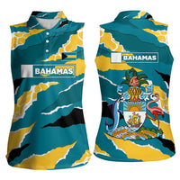 Bahamas Women Sleeveless Polo Shirt with National Coat of Arms Teal Yellow Ocean Wave Spirit