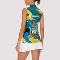 Bahamas Women Sleeveless Polo Shirt with National Coat of Arms Teal Yellow Ocean Wave Spirit