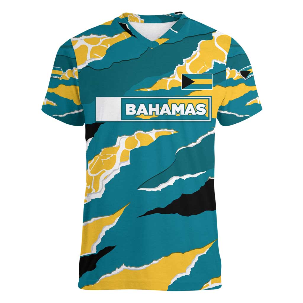 Bahamas Women V-Neck T-Shirt with National Coat of Arms Teal Yellow Ocean Wave Spirit