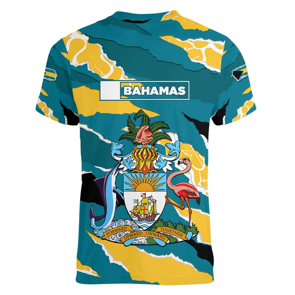 Bahamas Women V-Neck T-Shirt with National Coat of Arms Teal Yellow Ocean Wave Spirit