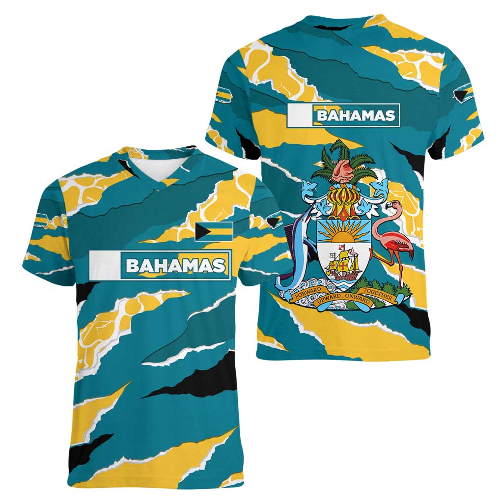 Bahamas Women V-Neck T-Shirt with National Coat of Arms Teal Yellow Ocean Wave Spirit