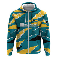 Bahamas Zip Hoodie with National Coat of Arms Teal Yellow Ocean Wave Spirit