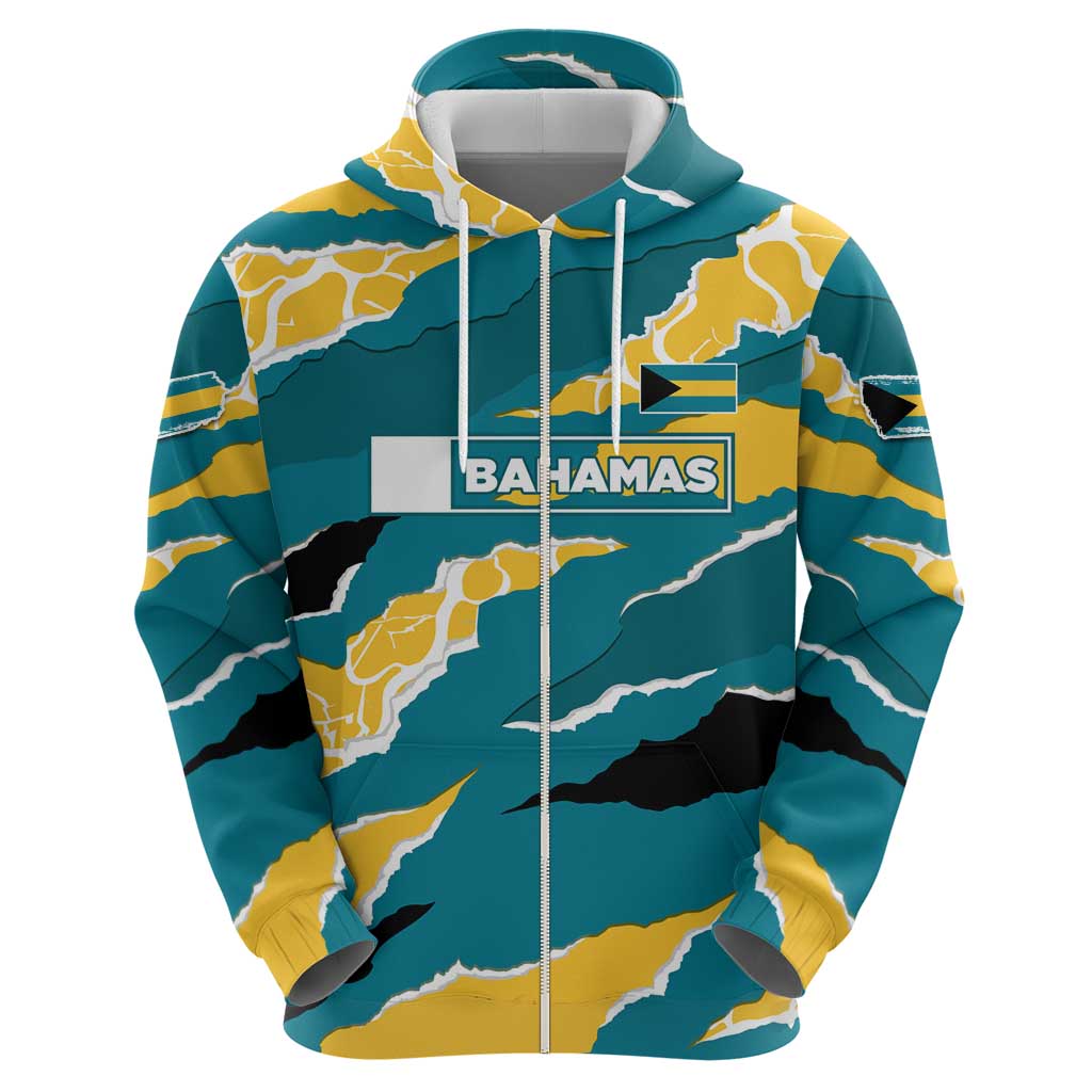 Bahamas Zip Hoodie with National Coat of Arms Teal Yellow Ocean Wave Spirit
