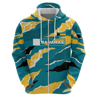 Bahamas Zip Hoodie with National Coat of Arms Teal Yellow Ocean Wave Spirit