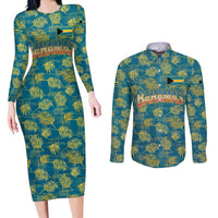 Bahamas Couples Matching Long Sleeve Bodycon Dress and Long Sleeve Button Shirt with Tropical Beach Sunset Palm Tree Ocean Spirit