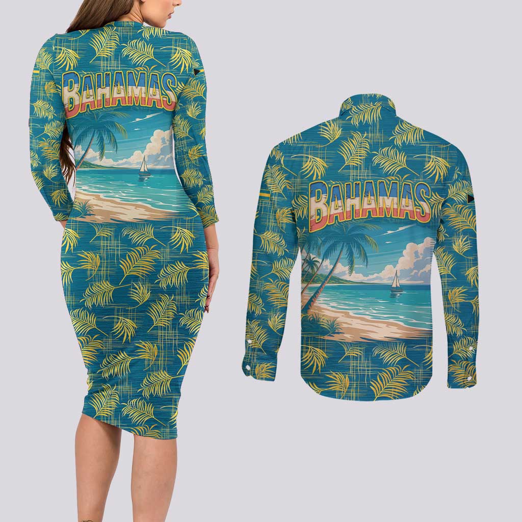 Bahamas Couples Matching Long Sleeve Bodycon Dress and Long Sleeve Button Shirt with Tropical Beach Sunset Palm Tree Ocean Spirit