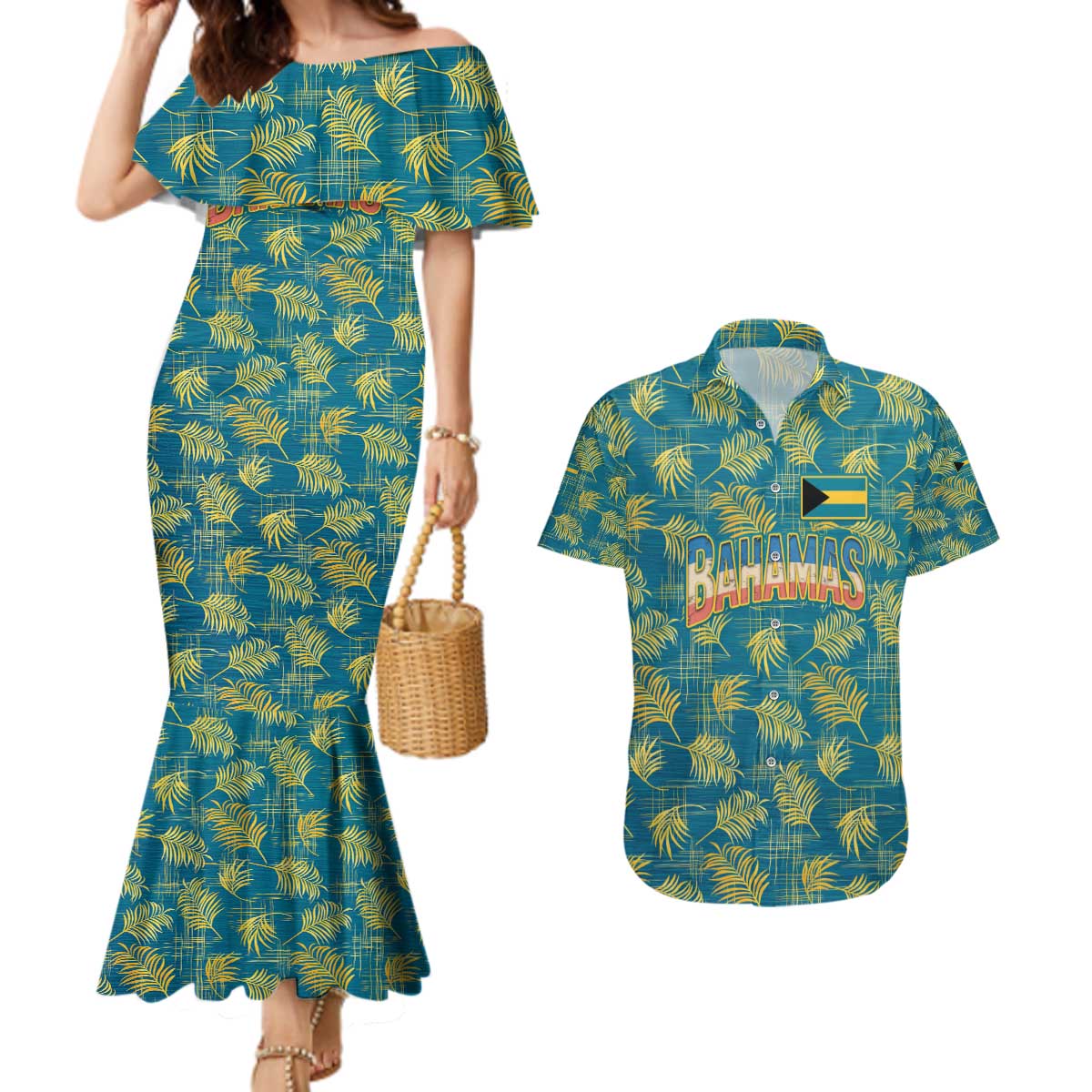 Bahamas Couples Matching Mermaid Dress and Hawaiian Shirt with Tropical Beach Sunset Palm Tree Ocean Spirit