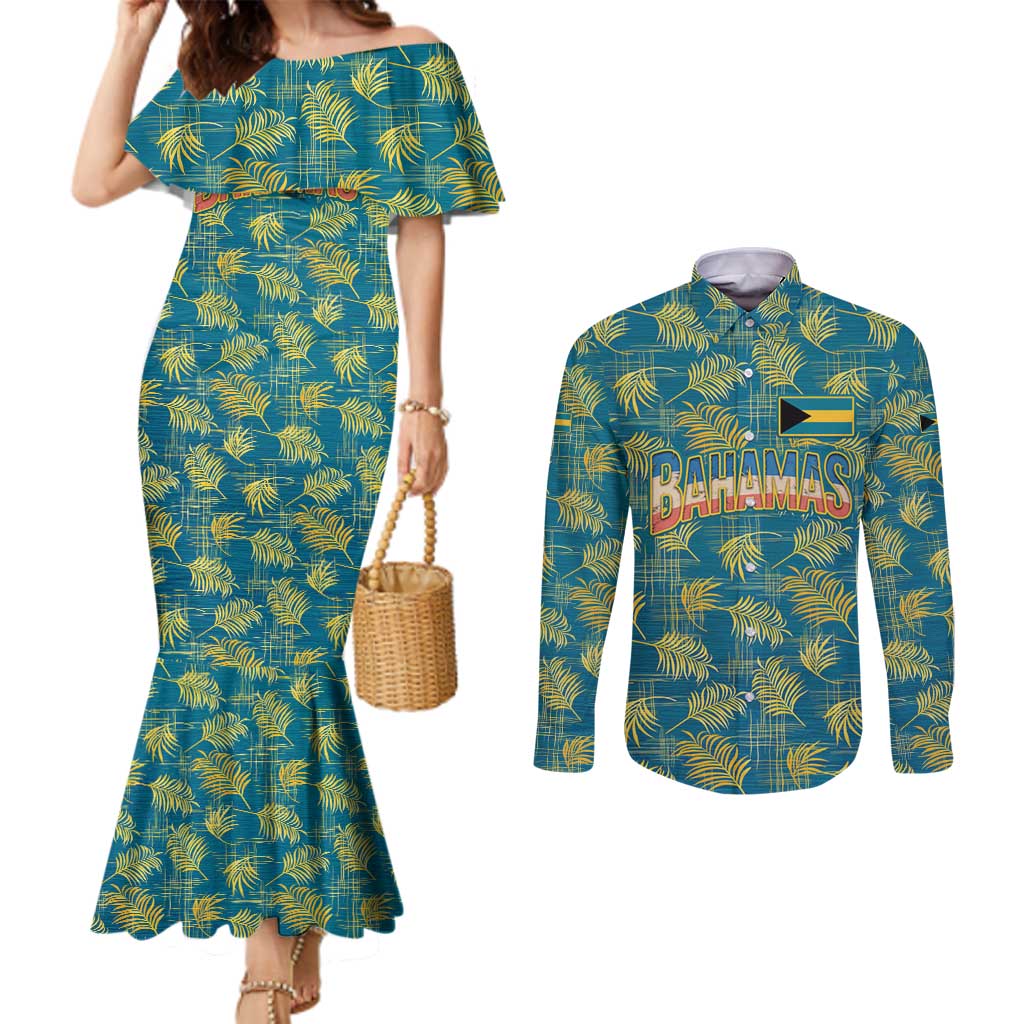 Bahamas Couples Matching Mermaid Dress and Long Sleeve Button Shirt with Tropical Beach Sunset Palm Tree Ocean Spirit