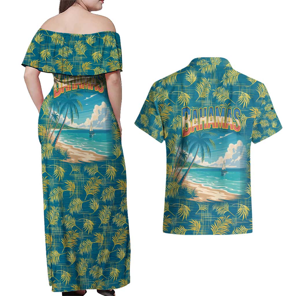 Bahamas Couples Matching Off Shoulder Maxi Dress and Hawaiian Shirt with Tropical Beach Sunset Palm Tree Ocean Spirit