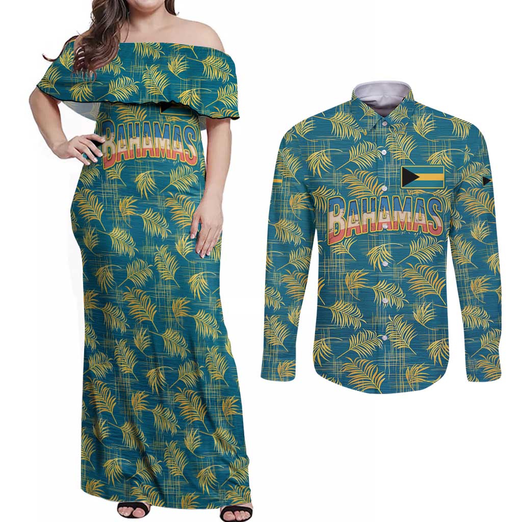 Bahamas Couples Matching Off Shoulder Maxi Dress and Long Sleeve Button Shirt with Tropical Beach Sunset Palm Tree Ocean Spirit
