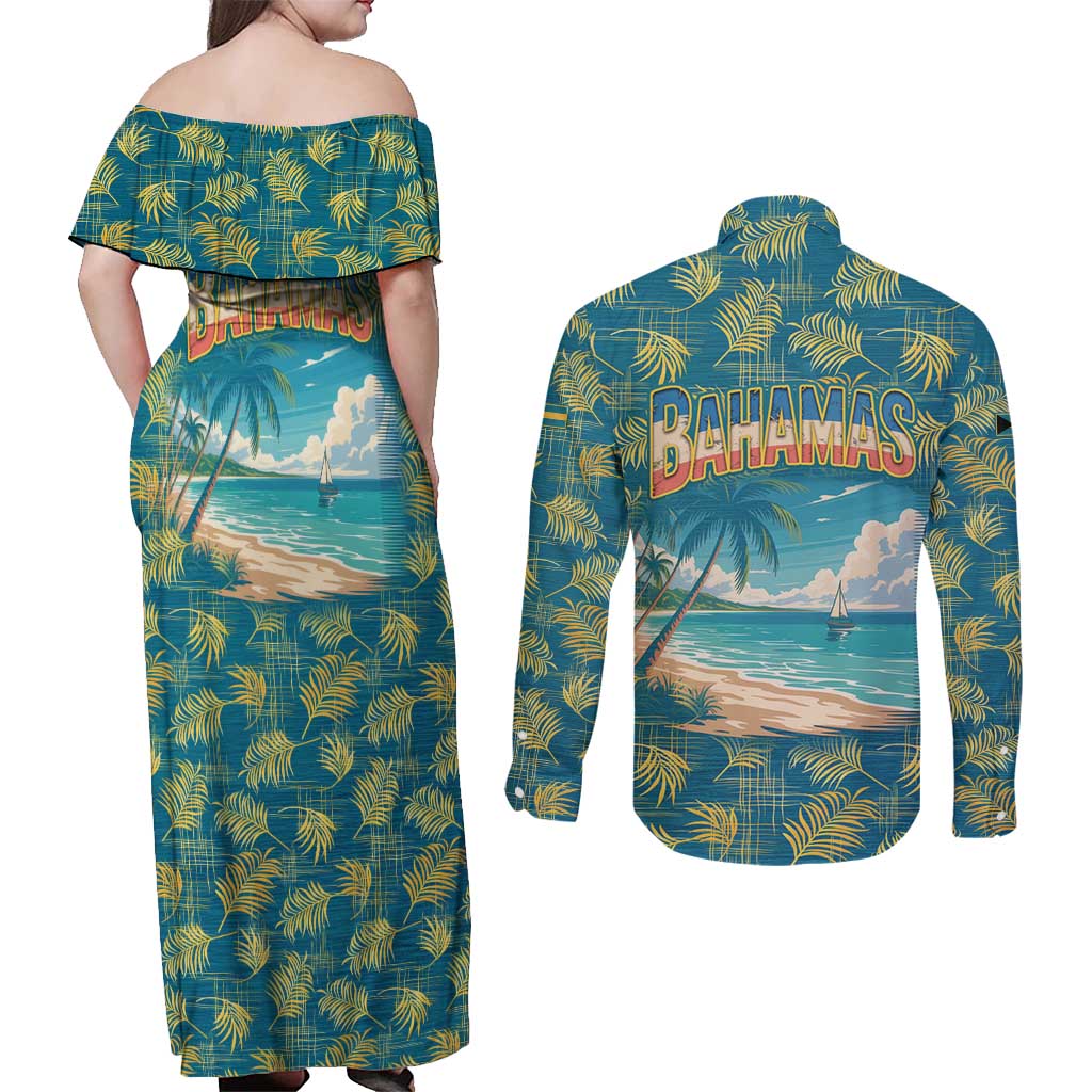 Bahamas Couples Matching Off Shoulder Maxi Dress and Long Sleeve Button Shirt with Tropical Beach Sunset Palm Tree Ocean Spirit