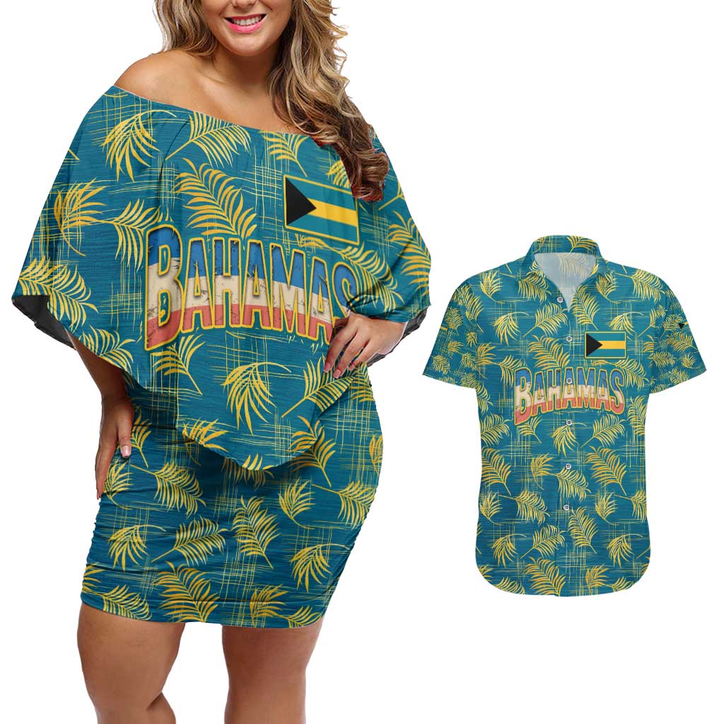 Bahamas Couples Matching Off Shoulder Short Dress and Hawaiian Shirt with Tropical Beach Sunset Palm Tree Ocean Spirit