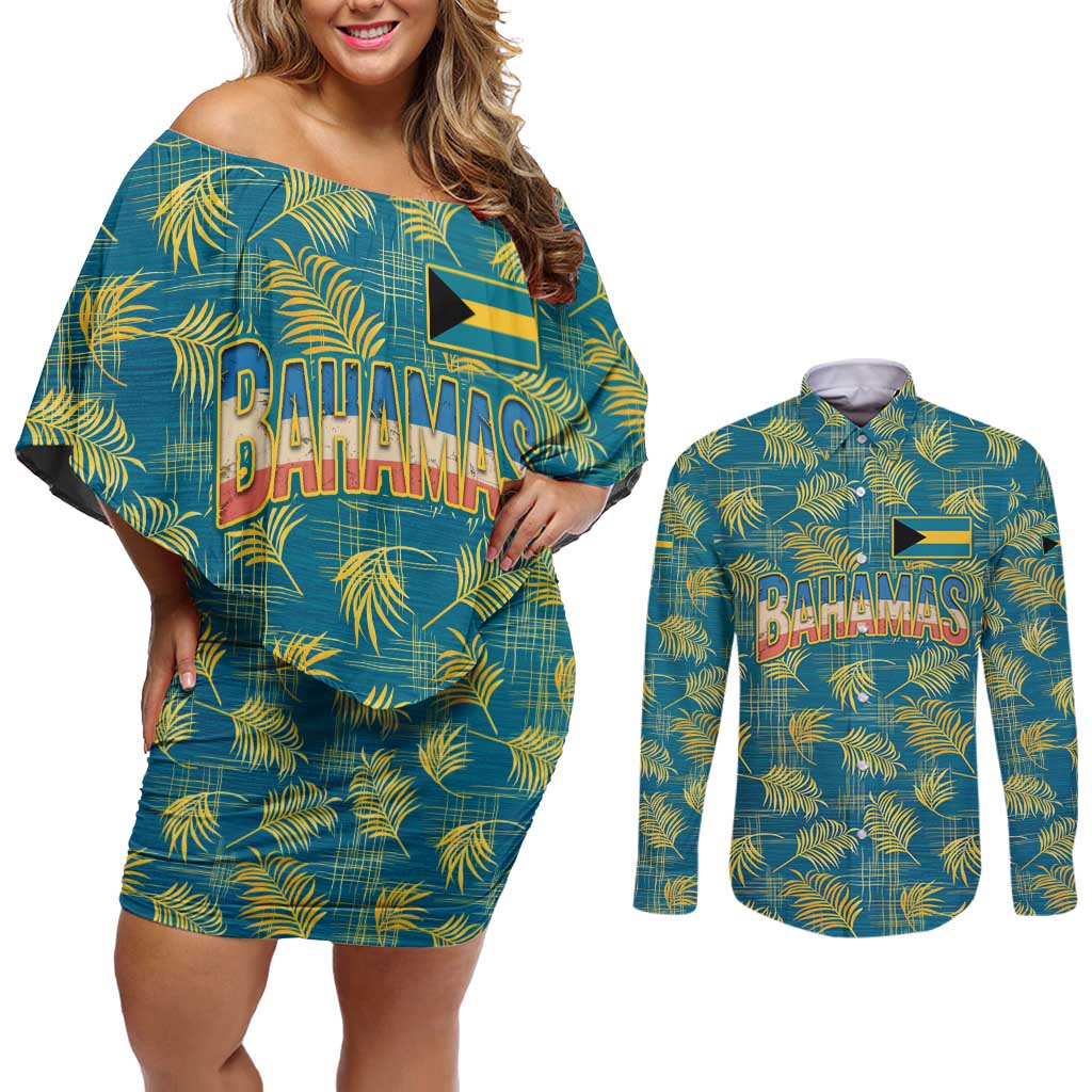 Bahamas Couples Matching Off Shoulder Short Dress and Long Sleeve Button Shirt with Tropical Beach Sunset Palm Tree Ocean Spirit