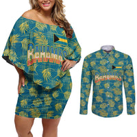 Bahamas Couples Matching Off Shoulder Short Dress and Long Sleeve Button Shirt with Tropical Beach Sunset Palm Tree Ocean Spirit