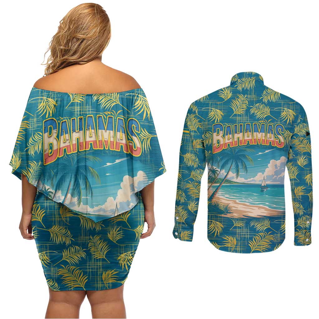 Bahamas Couples Matching Off Shoulder Short Dress and Long Sleeve Button Shirt with Tropical Beach Sunset Palm Tree Ocean Spirit