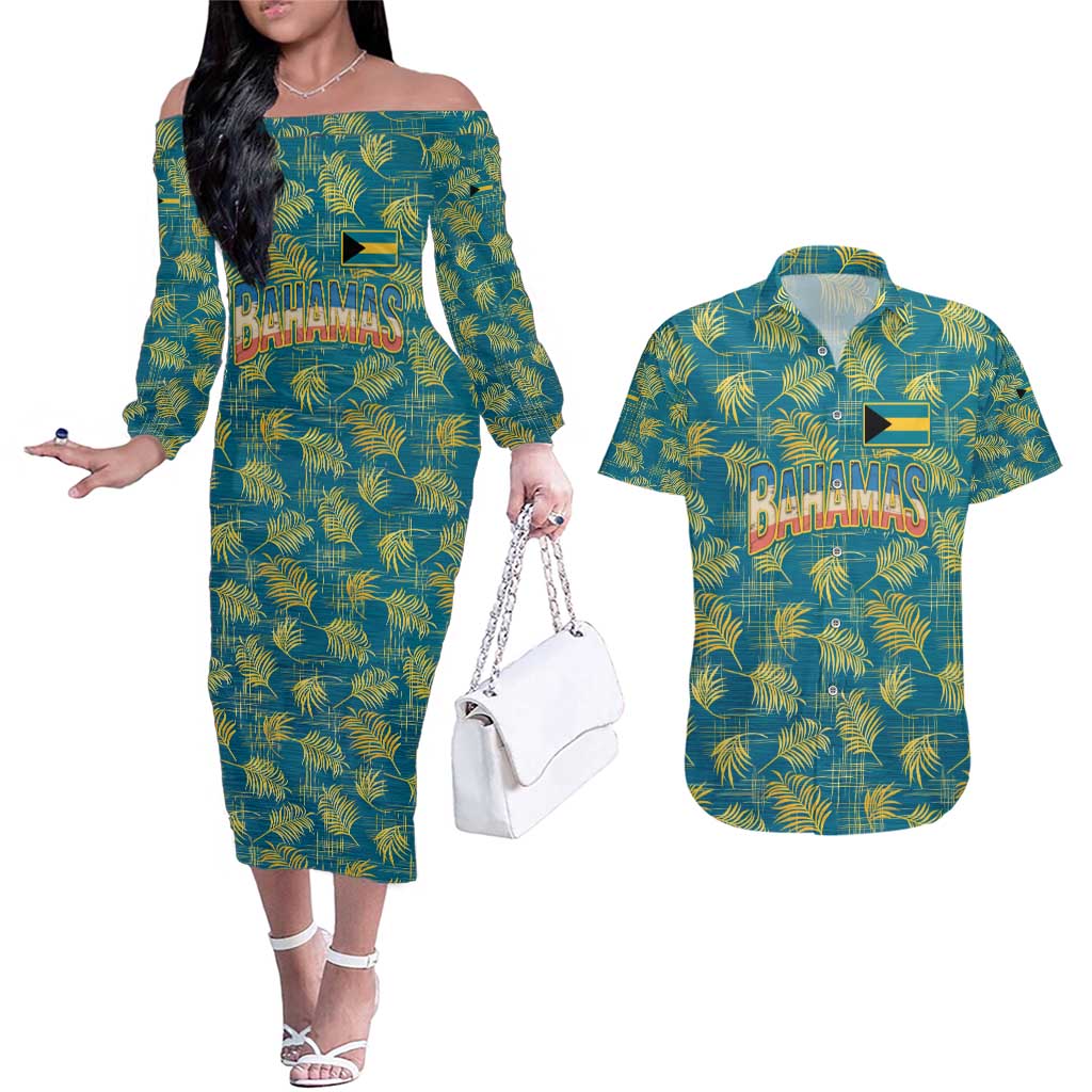 Bahamas Couples Matching Off The Shoulder Long Sleeve Dress and Hawaiian Shirt with Tropical Beach Sunset Palm Tree Ocean Spirit