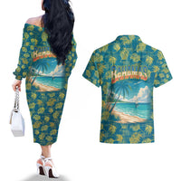 Bahamas Couples Matching Off The Shoulder Long Sleeve Dress and Hawaiian Shirt with Tropical Beach Sunset Palm Tree Ocean Spirit