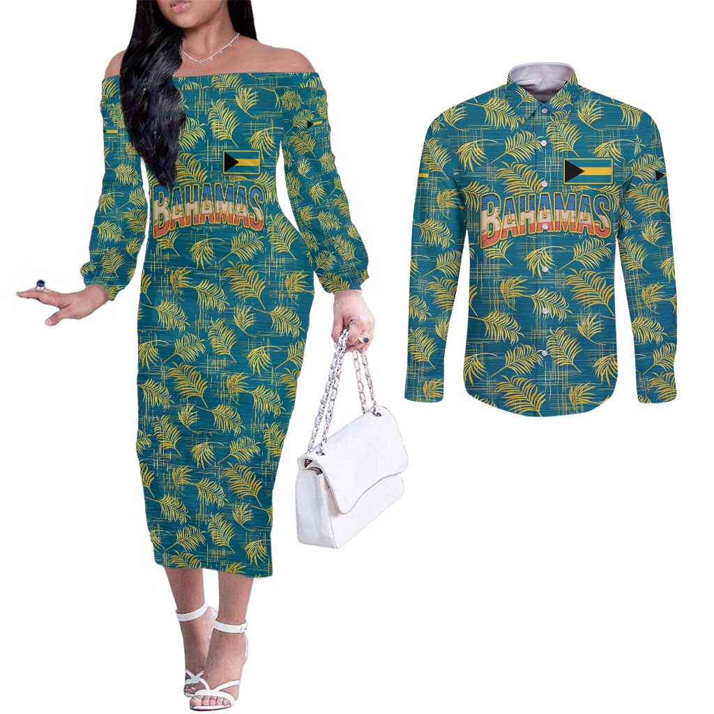 Bahamas Couples Matching Off The Shoulder Long Sleeve Dress and Long Sleeve Button Shirt with Tropical Beach Sunset Palm Tree Ocean Spirit