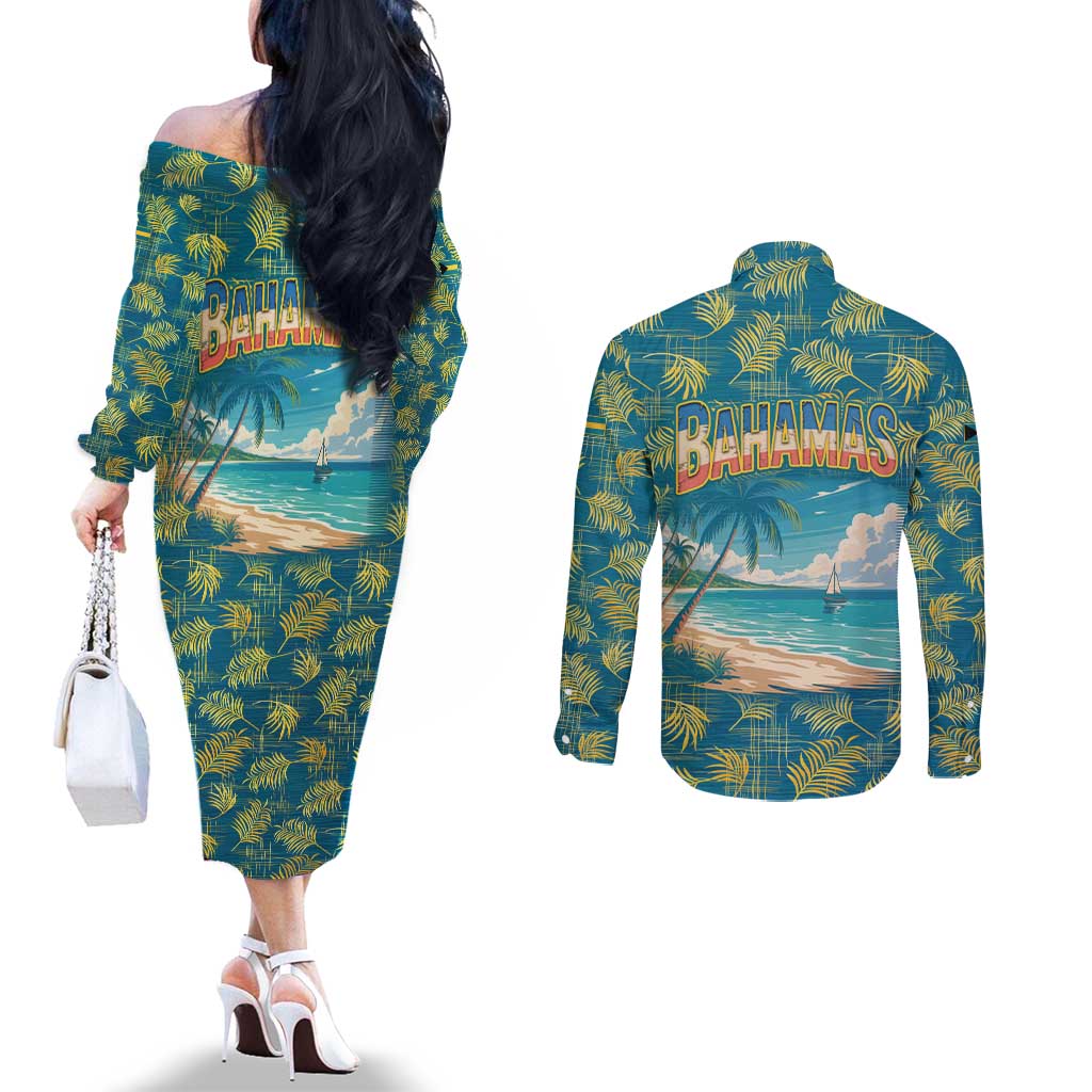 Bahamas Couples Matching Off The Shoulder Long Sleeve Dress and Long Sleeve Button Shirt with Tropical Beach Sunset Palm Tree Ocean Spirit