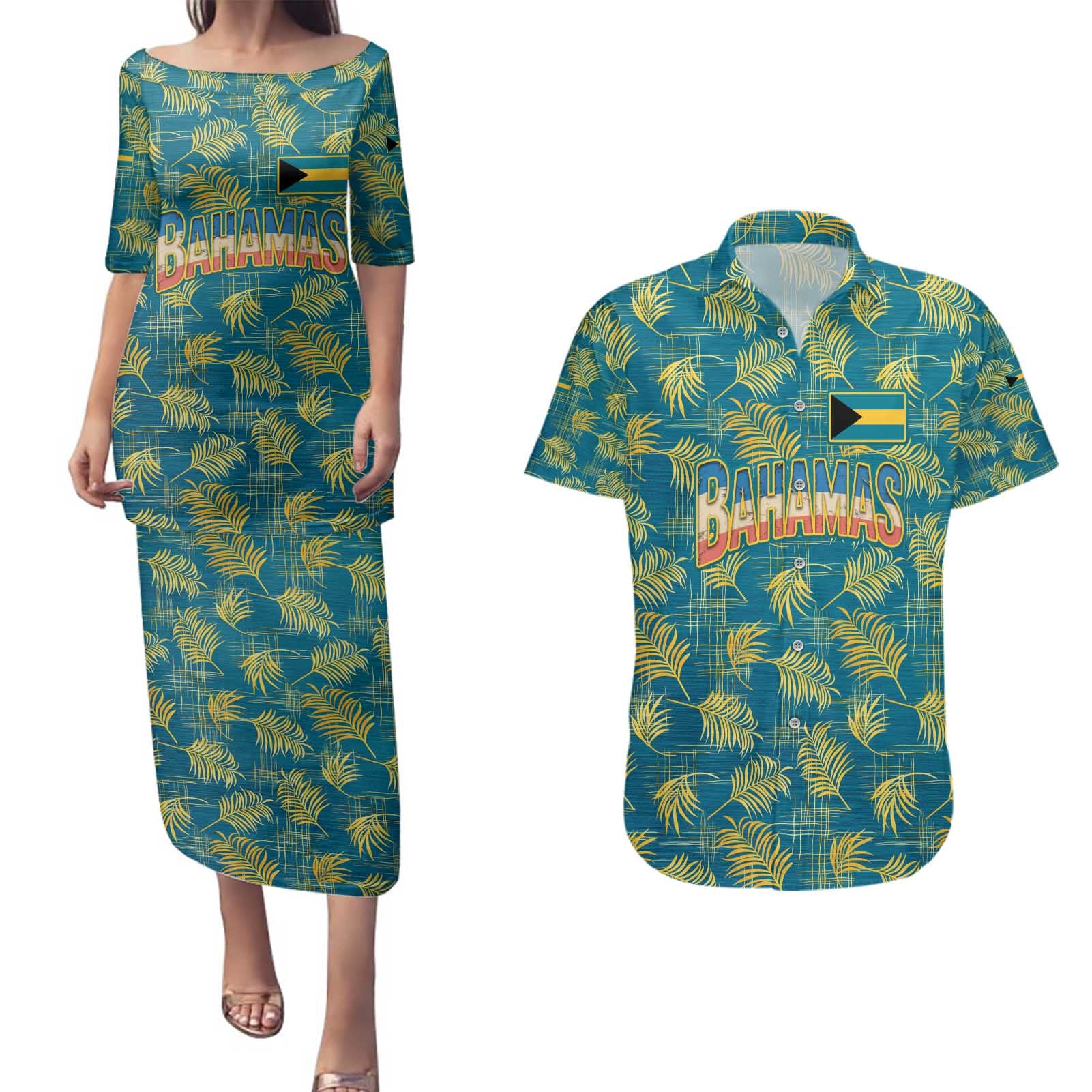 Bahamas Couples Matching Puletasi and Hawaiian Shirt with Tropical Beach Sunset Palm Tree Ocean Spirit