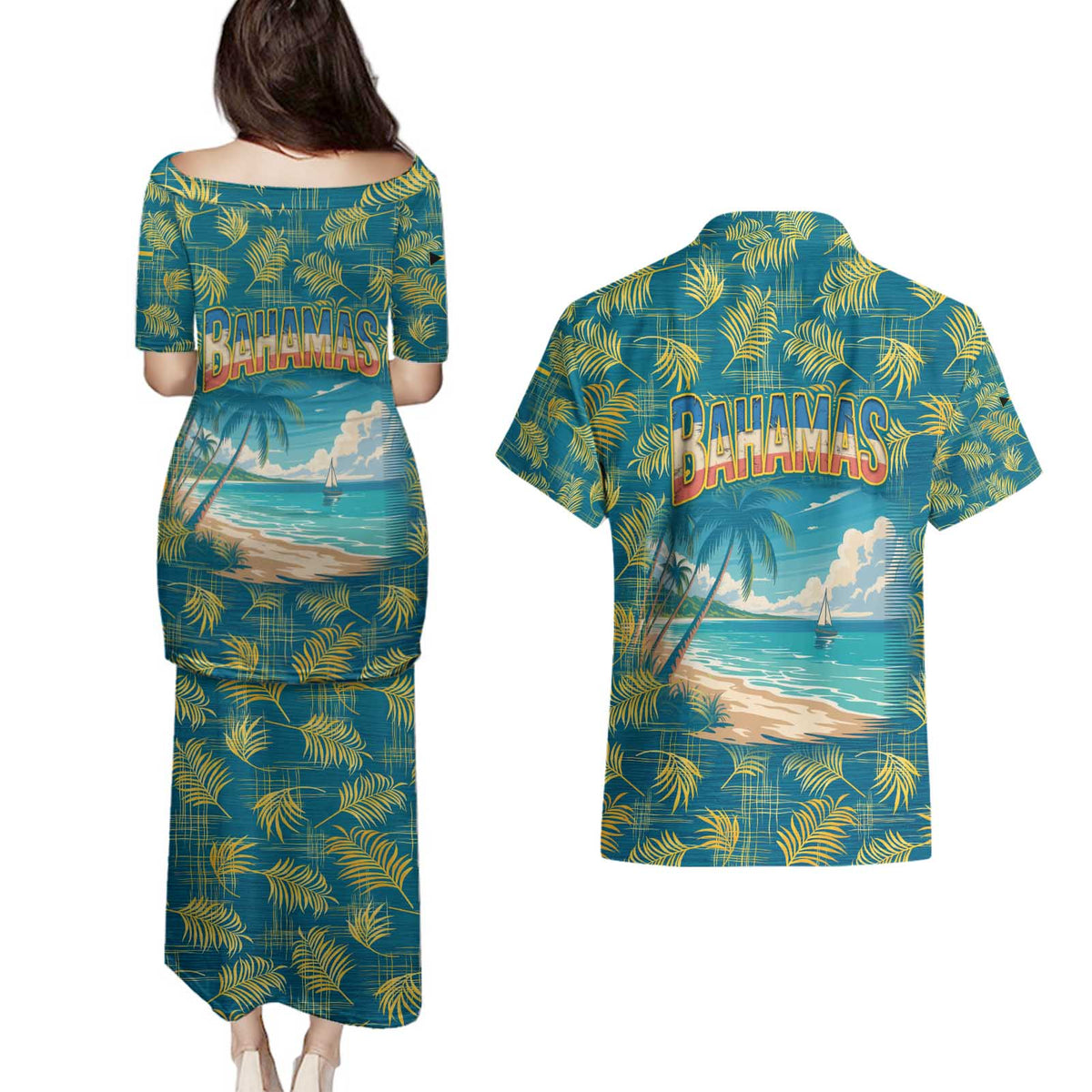 Bahamas Couples Matching Puletasi and Hawaiian Shirt with Tropical Beach Sunset Palm Tree Ocean Spirit