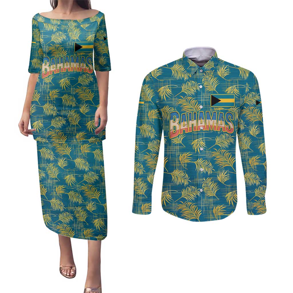 Bahamas Couples Matching Puletasi and Long Sleeve Button Shirt with Tropical Beach Sunset Palm Tree Ocean Spirit